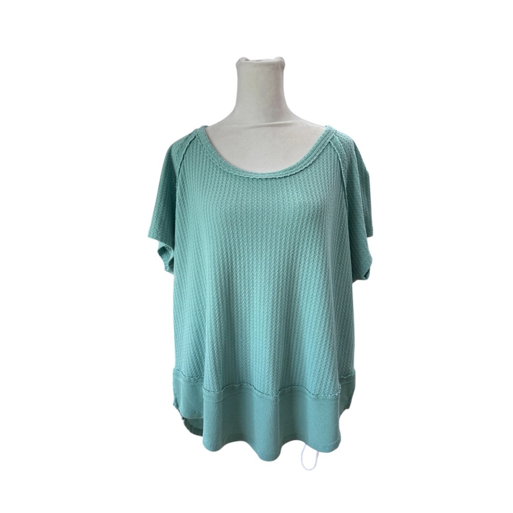 Mudd Womens Large Seafoam Green Waffle Knit‎ High Low Raw Edge Short Sleeve Top